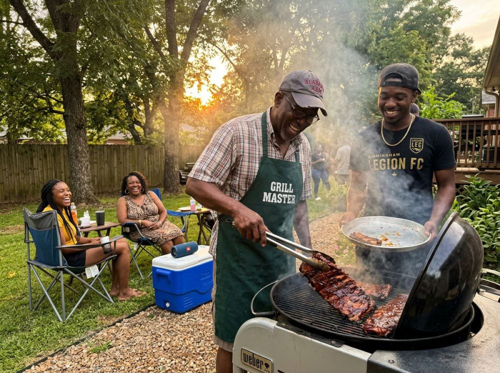 Father and son grilling ribs at a backyard cookout