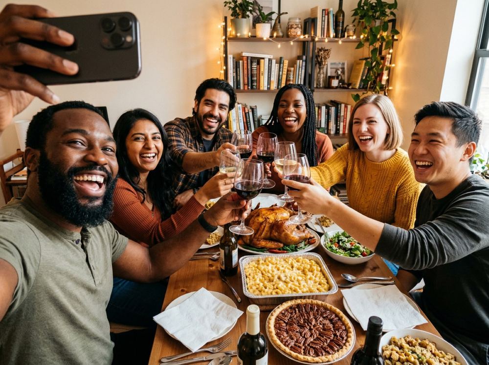 Friends and family taking a selfie at a holiday dinner