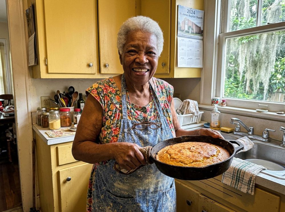 A grandmother in her kitchen, smiling, holding a skillet of cornbread