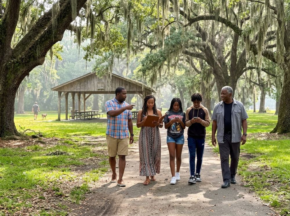Cousins walking together under the oaks at a reunion